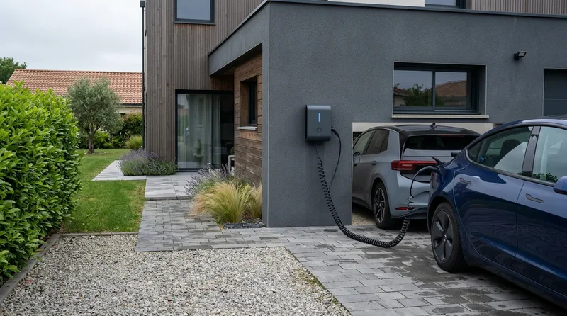Borne de recharge triphasée 22 kW fixée sur un mur de garage